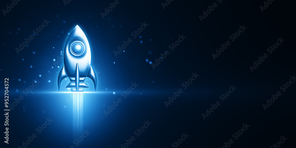 Blue rocket launching in dark space with light effects. 3D Rendering Blue rocket launching in dark space with light effects. 3D Rendering