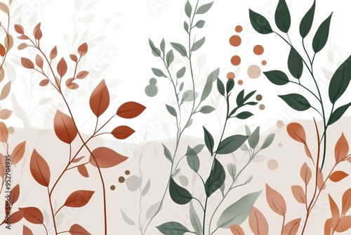 Abstract botanical illustration with green and brown leaves on a beige background.