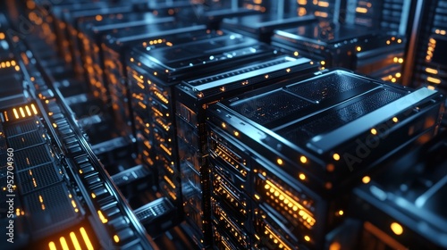 Data Center Server Racks in Abstract Futuristic Representation