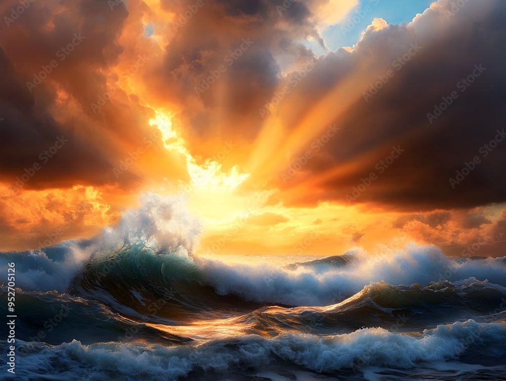 Obraz premium Sunlight Piercing Through Dramatic Stormy Coastal Landscape with Crashing Waves