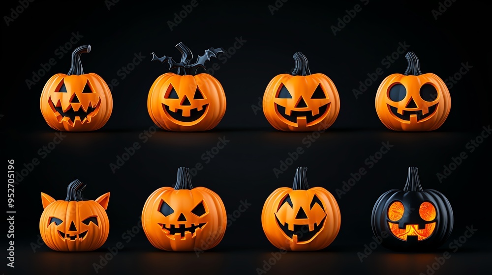 A collection of carved Halloween pumpkins with various spooky faces, perfect for festive decorations and autumn celebrations. A collection of carved Halloween pumpkins with various spooky faces, perfect for festive decorations and autumn celebrations.
