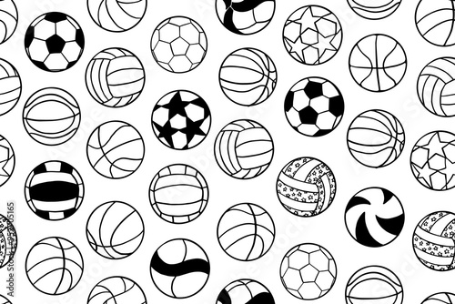 Seamless pattern of hand drawn doodle soccer ball, volleyball, basketball, american football. Sports equipment. Collection of design elements. Great for banners, sites, posters. Vector illustration