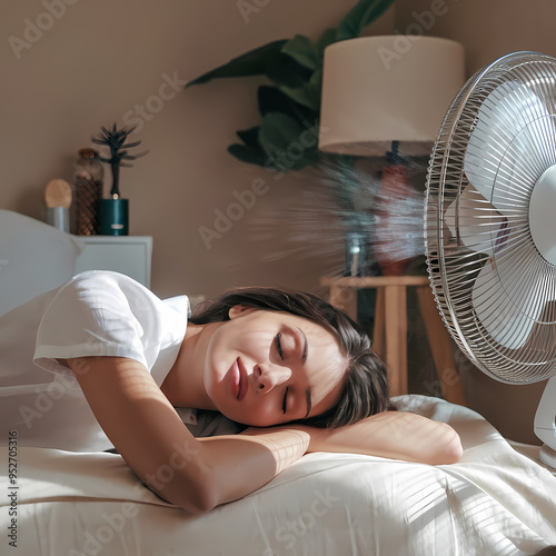 A woman peacefully sleeping in bed, with a fan gently circulating air nearby.