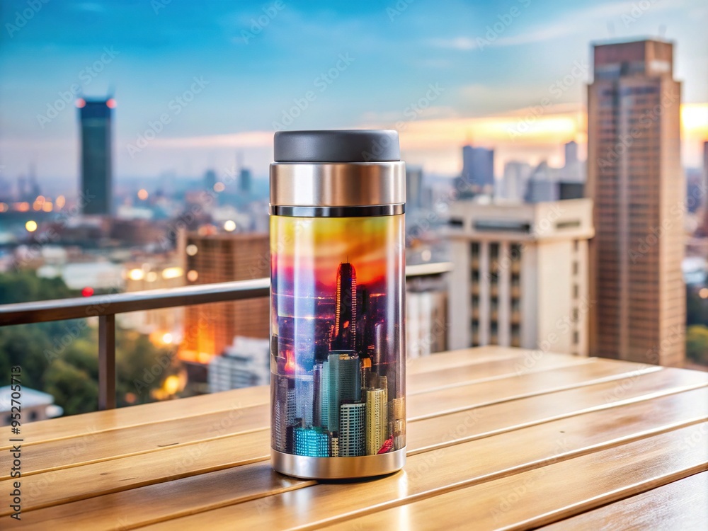 A sleek, futuristic drink container, crafted from stainless steel, sits atop a trendy wooden desk, surrounded by a softly blurred cityscape, exuding modern luxury. A sleek, futuristic drink container, crafted from stainless steel, sits atop a trendy wooden desk, surrounded by a softly blurred cityscape, exuding modern luxury.