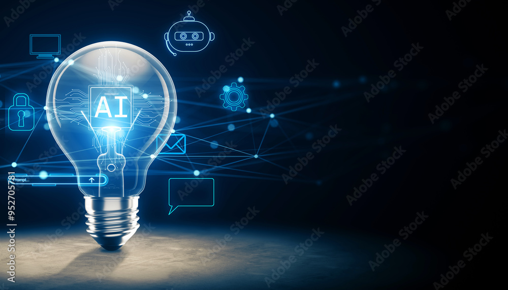 Lightbulb with AI technology icons on a dark background. 3D Rendering Lightbulb with AI technology icons on a dark background. 3D Rendering
