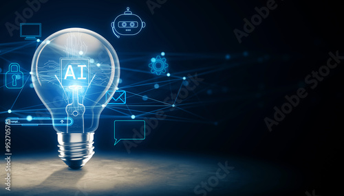 Lightbulb with AI technology icons on a dark background. 3D Rendering