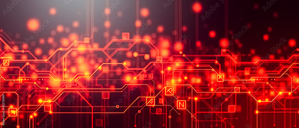 Fototapeta premium Red Circuit Board with Glowing Lights