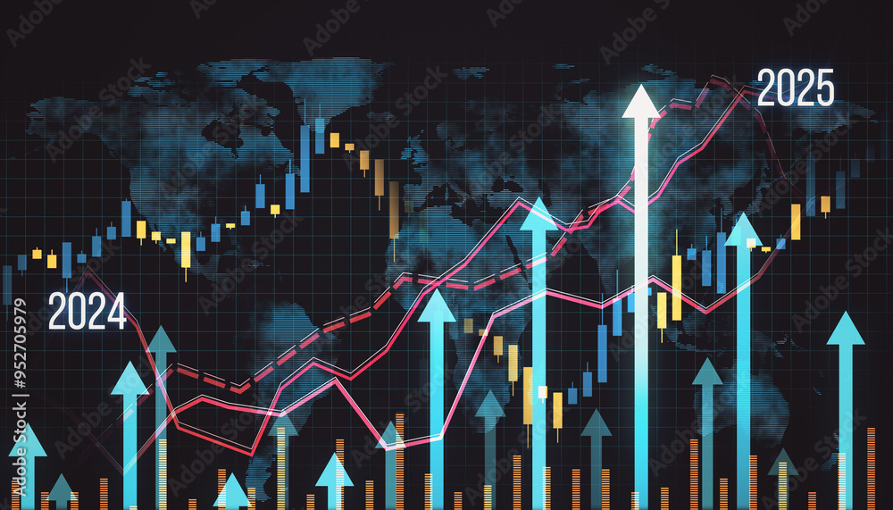 Naklejka premium Global financial growth chart with upward arrows for 2024 and 2025. 3D Rendering