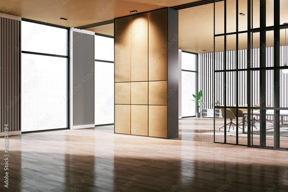 Modern office interior with wooden partitions and large windows. 3D Rendering Modern office interior with wooden partitions and large windows. 3D Rendering