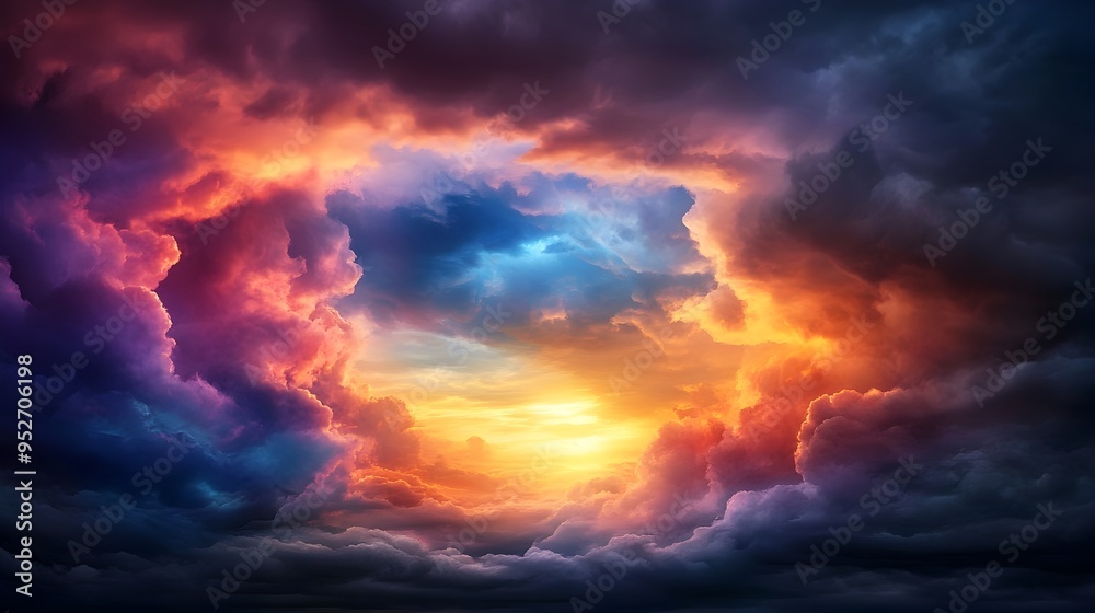 Fototapeta premium Dramatic Sunset Landscape with Thunderstorm on Horizon and Cinematic Sun Rays Through Dark Clouds