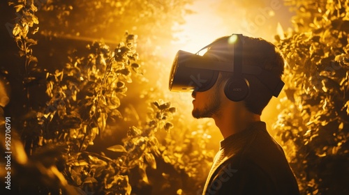 Man Exploring Virtual Reality in a Golden Forest