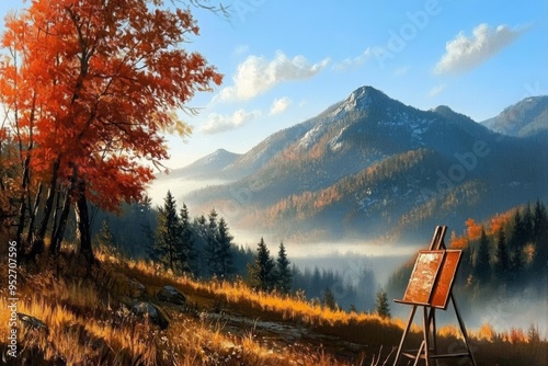 An easel stands before a misty mountain vista, inviting the viewer to capture the beauty of the autumnal landscape.