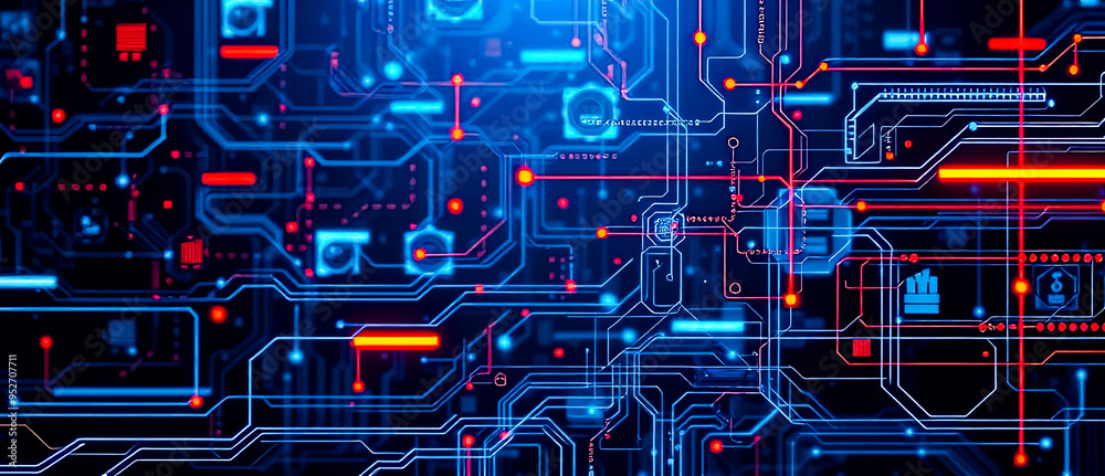 Abstract digital circuit board with blue and red lights Abstract digital circuit board with blue and red lights