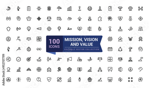 Mission, vision and value icon set. Pixel perfect, minimalistic web and UI icon. Outline icon collections. Editable vector illustration.