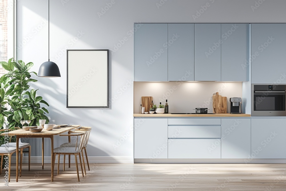Fototapeta premium Poster Mockup in Kitchen Interior with White Wall created with Generative AI