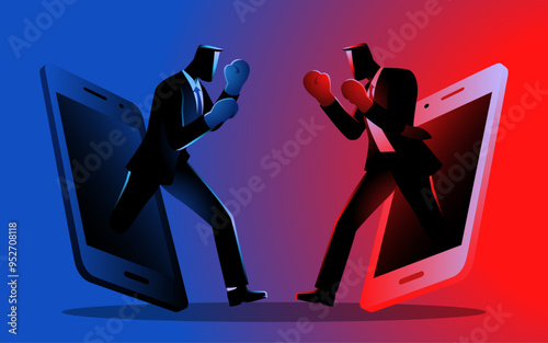 Two businessmen emerging from mobile phones, facing off as boxers, symbolize digital competition in the tech-driven world. Ideal for themes of strategic battles in the virtual market