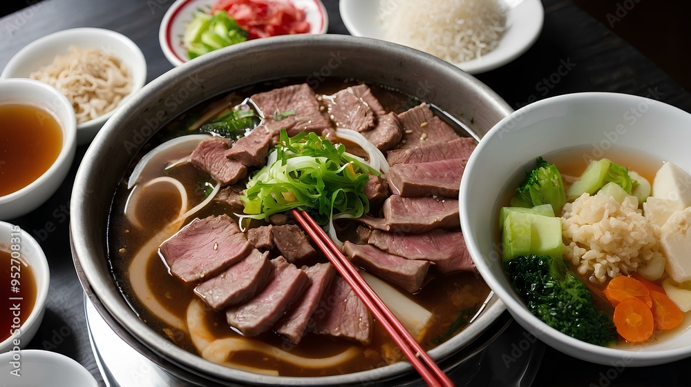 A Japanese hotpot with thinly sliced beef, vegetables, and tofu, cooked in a simmering broth at the table, served with ponzu and sesame dipping sauces A Japanese hotpot with thinly sliced beef, vegetables, and tofu, cooked in a simmering broth at the table, served with ponzu and sesame dipping sauces