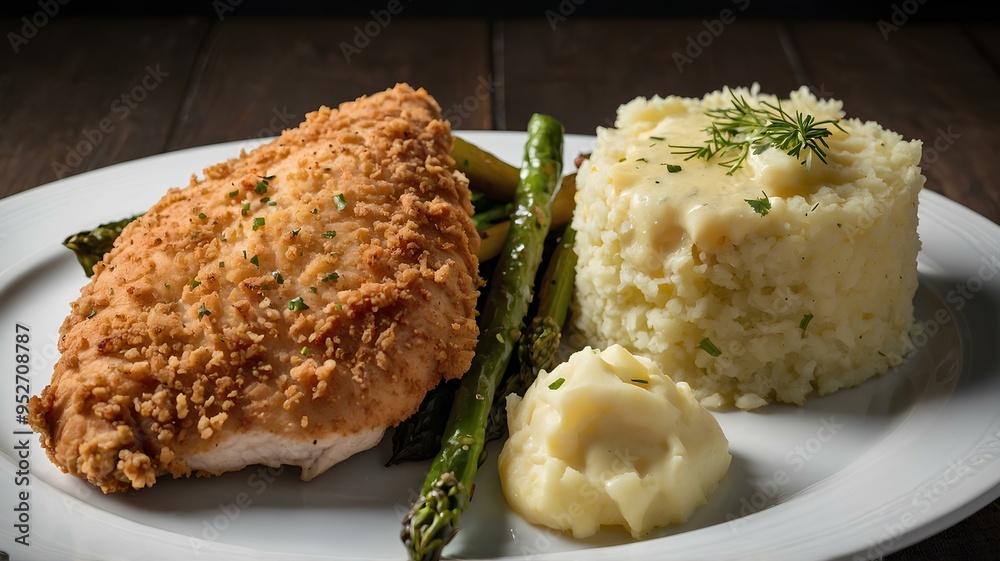 Breaded chicken breast filled with garlic and herb butter, fried to a golden crisp, and served with a side of mashed potatoes and steamed vegetables Breaded chicken breast filled with garlic and herb butter, fried to a golden crisp, and served with a side of mashed potatoes and steamed vegetables