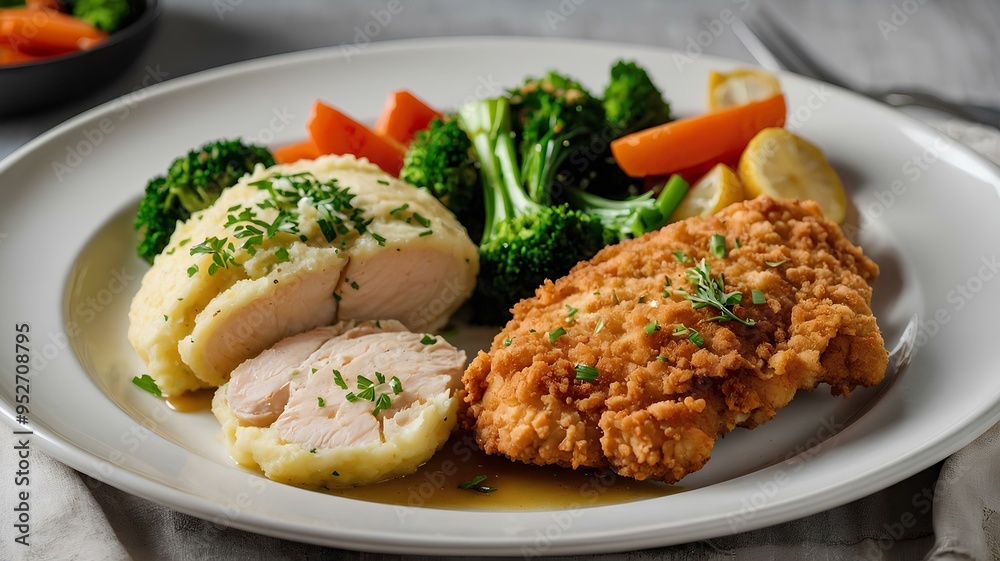 Breaded chicken breast filled with garlic and herb butter, fried to a golden crisp, and served with a side of mashed potatoes and steamed vegetables Breaded chicken breast filled with garlic and herb butter, fried to a golden crisp, and served with a side of mashed potatoes and steamed vegetables