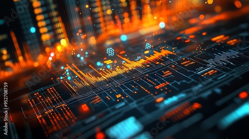 Abstract Digital Interface with Orange and Blue Lights