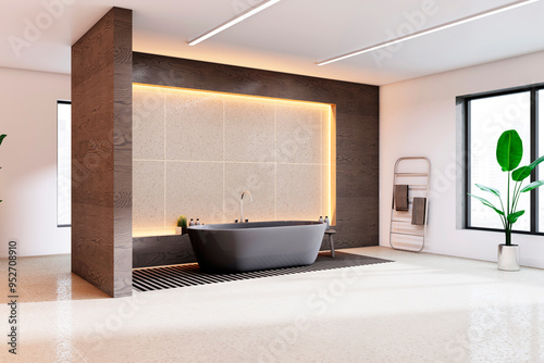 Fototapeta Naklejka Na Ścianę i Meble -  Modern bathroom with black bathtub and backlit wall tiles. 3D Rendering