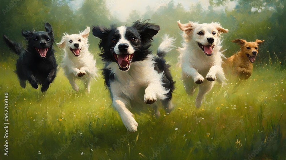 Mischievous Canines Engaged in Lively Soccer Game on Verdant Sun Dappled Field Mischievous Canines Engaged in Lively Soccer Game on Verdant Sun Dappled Field