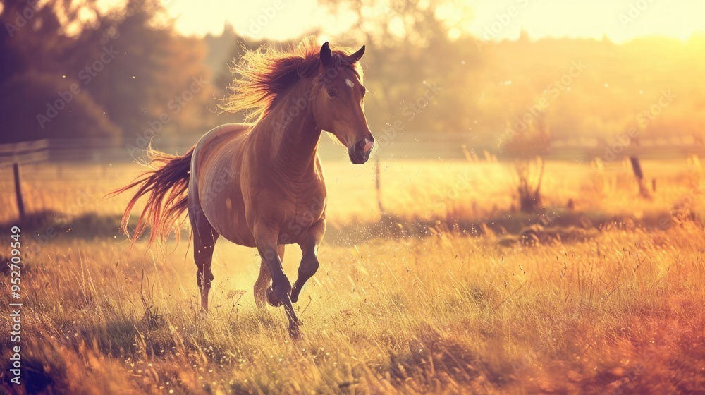 Horse Running Through Golden Field at Sunset Horse Running Through Golden Field at Sunset