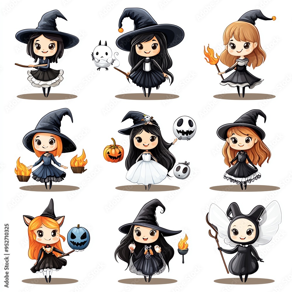 Charming collection of cute witch illustrations, featuring various characters in whimsical poses and outfits for Halloween.