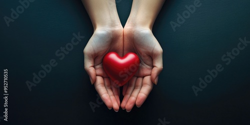 Giving tuesday theme with heart shape and open hands on dark background - copy space design photo