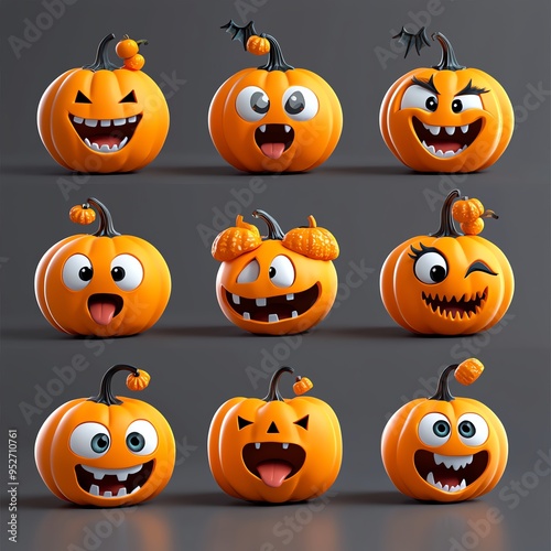 A collection of whimsical Halloween pumpkins with various cheerful and spooky expressions, perfect for festive designs. photo