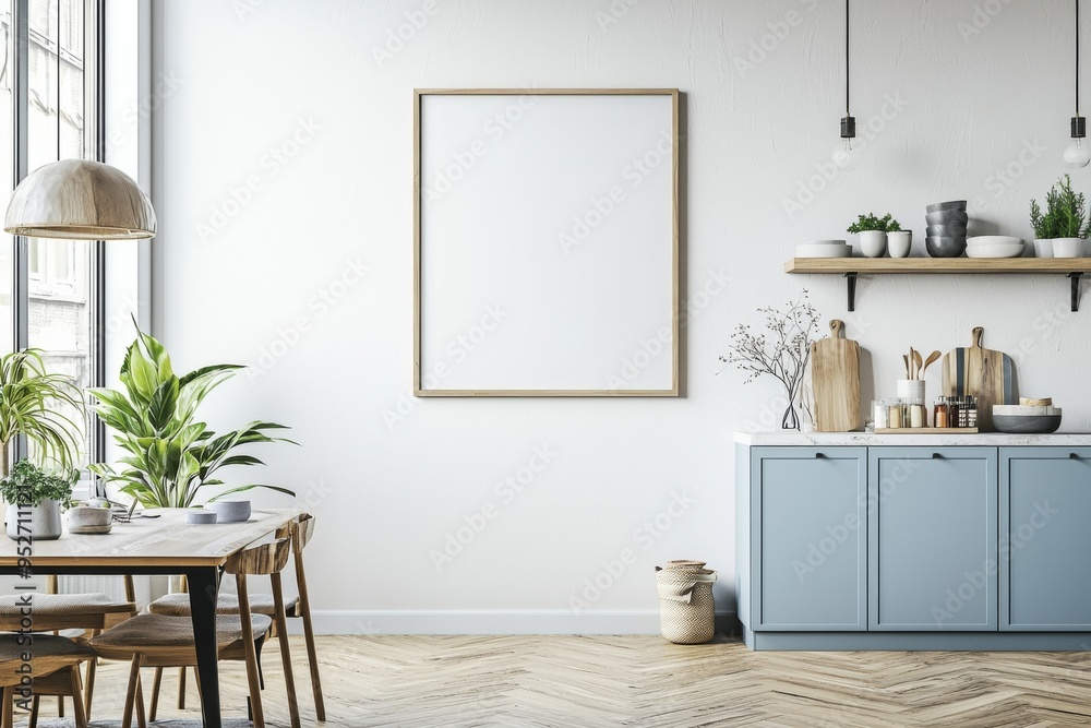 Fototapeta premium Poster Mockup in Kitchen Interior with White Wall created with Generative AI