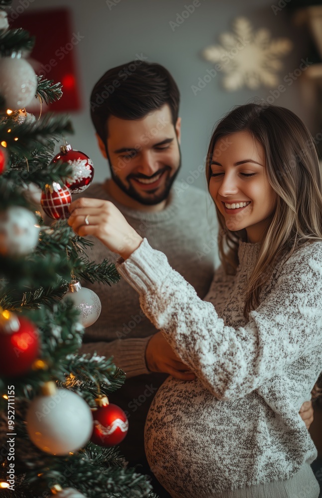 A joyful, expectant couple decorates their Christmas tree at home, celebrating together in festive warmth A joyful, expectant couple decorates their Christmas tree at home, celebrating together in festive warmth