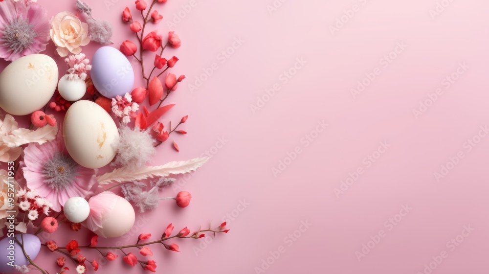 Creative layout of vibrant flowers and colorful easter eggs arranged on a soft pastel background for a festive spring celebration. Ideal for seasonal greetings, holiday invitations, and easter-themed Creative layout of vibrant flowers and colorful easter eggs arranged on a soft pastel background for a festive spring celebration. Ideal for seasonal greetings, holiday invitations, and easter-themed