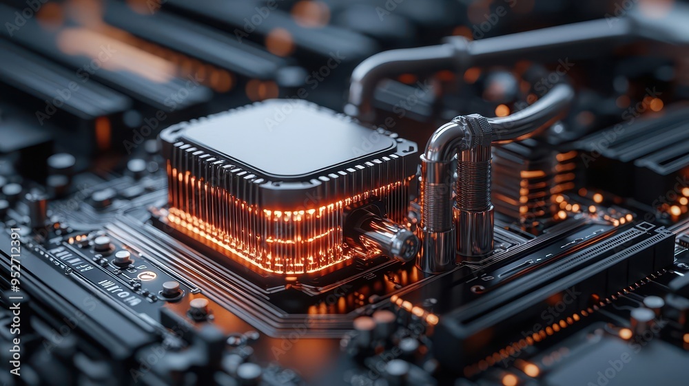 A closeup of an electrocaloric cooling device with heat being efficiently dissipated through a hightech thermal management system A closeup of an electrocaloric cooling device with heat being efficiently dissipated through a hightech thermal management system