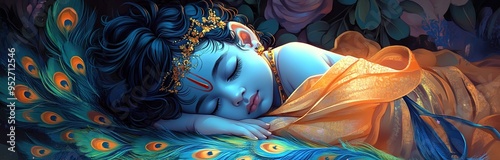 Illustration of a sleeping baby Krishna with blue skin, a peacock feather background
