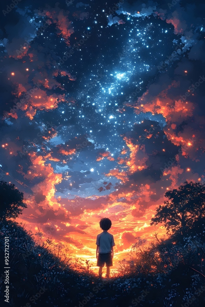 A young boy stands in awe, gazing up at a mesmerizing sky filled with stars and a vibrant sunset. A young boy stands in awe, gazing up at a mesmerizing sky filled with stars and a vibrant sunset.