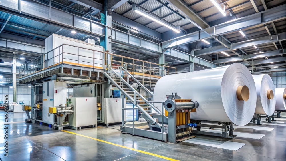 High-tech paper production machine in a factory setting, paper, production, machine, equipment, coated paper High-tech paper production machine in a factory setting, paper, production, machine, equipment, coated paper