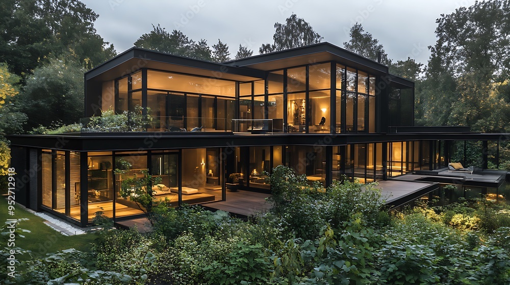 A modern, glass-fronted house nestled in a lush, green forest with warm interior lighting. A modern, glass-fronted house nestled in a lush, green forest with warm interior lighting.