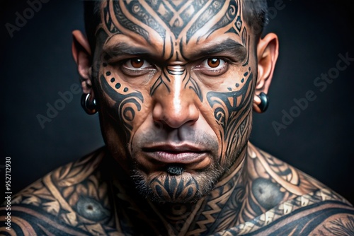 A somber figure adorned with intricate black and gray tattoos, his face a canvas of tribal patterns and symbols that seem to tell a thousand stories.