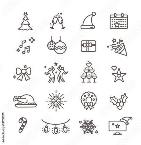 Office christmas holiday party, modern line icon set, editable stroke icons.