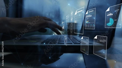 Document management concept, Businesswomen check electronic documents on digital documents on virtual screen Document Management System and process automation to efficiently document paperless operate