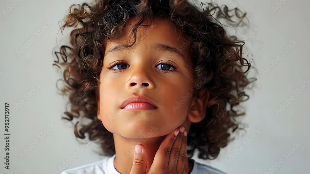 A boy with curly hair touches his throat, looking thoughtfully into the distance. His expression hints at worry, the child has a sore throat A boy with curly hair touches his throat, looking thoughtfully into the distance. His expression hints at worry, the child has a sore throat