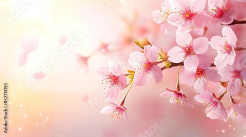 Horizontal banner with sakura flowers of pink color on sunny backdrop. Beautiful nature spring background with a branch of blooming sakura. Sakura blossoming season in Japan generative ai