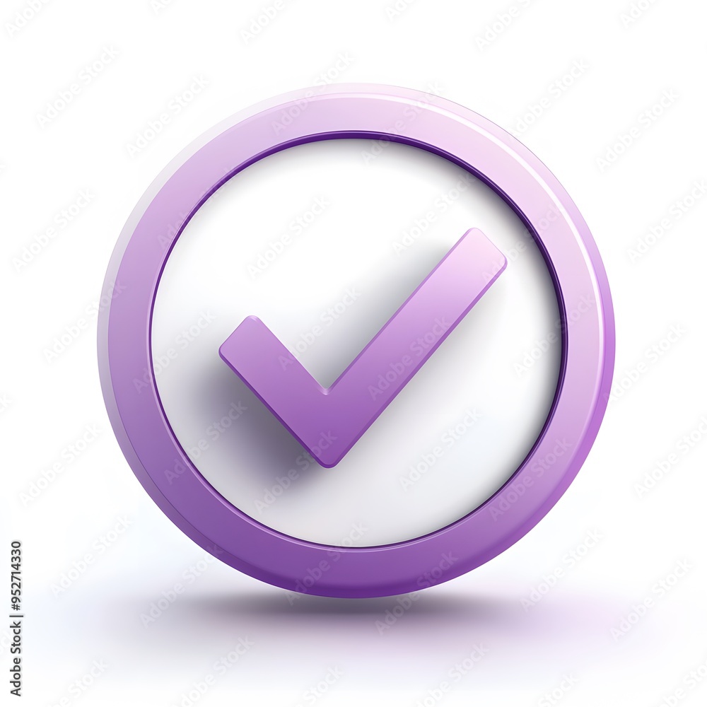 3d check icon, checklist tick, done mark. Vector realistic plastic style checkmark, symbol of selection, confirmation or approval. Purple circle with a white, white background
3d check icon, checklist tick, done mark. Vector realistic plastic style checkmark, symbol of selection, confirmation or approval. Purple circle with a white, white background