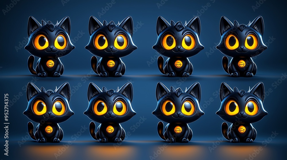 Cute animated cat figurines with glowing eyes, showcasing playful expressions in a colorful arrangement against a dark background. Cute animated cat figurines with glowing eyes, showcasing playful expressions in a colorful arrangement against a dark background.