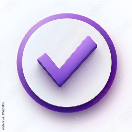  3d check icon, checklist tick, done mark. Vector realistic plastic style checkmark, symbol of selection, confirmation or approval. Purple circle with a white, white background