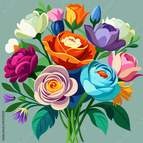 Multicolor Realistic Digital Painted Flower Bouquet Vector