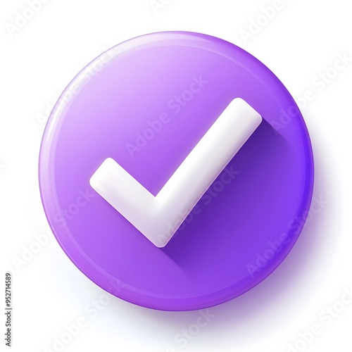  3d check icon, checklist tick, done mark. Vector realistic plastic style checkmark, symbol of selection, confirmation or approval. Purple circle with a white, white background