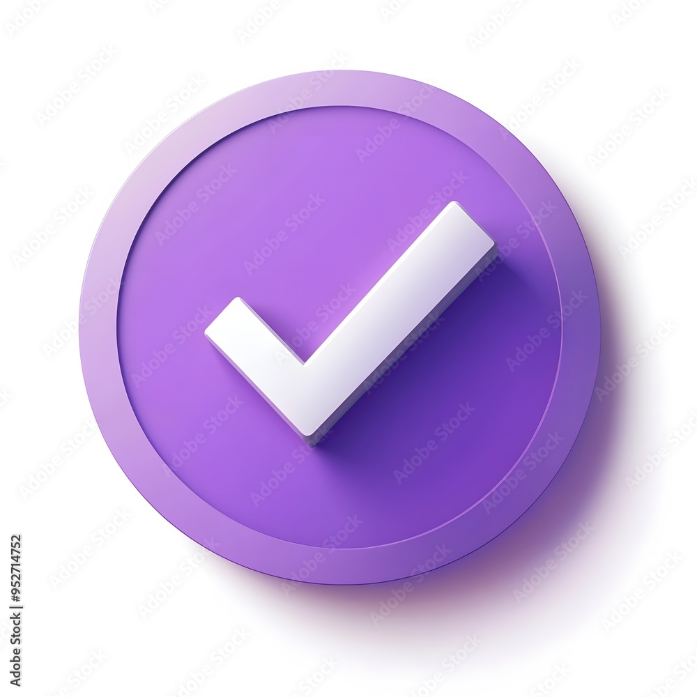 3d check icon, checklist tick, done mark. Vector realistic plastic style checkmark, symbol of selection, confirmation or approval. Purple circle with a white, white background
3d check icon, checklist tick, done mark. Vector realistic plastic style checkmark, symbol of selection, confirmation or approval. Purple circle with a white, white background