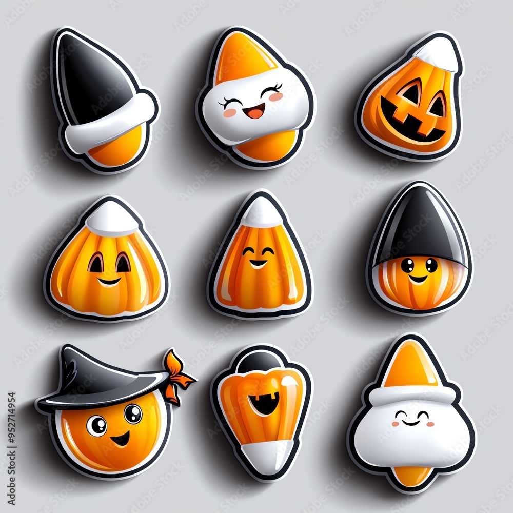A colorful set of cute Halloween-themed icons featuring candy corn, pumpkins, and cheerful characters in bright orange tones.